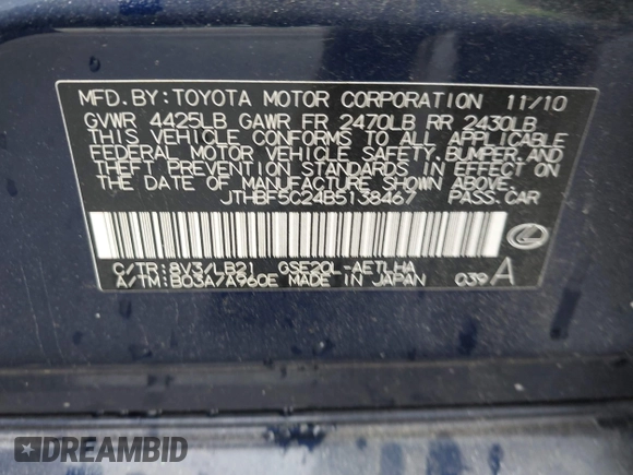2011 Lexus IS 250 with VIN JTHBF5C24B5138467, listed as a IAAI auction lot 42375648 with 170,375 mi miles and . Bid and sale history available at DreamBid. Image 9.