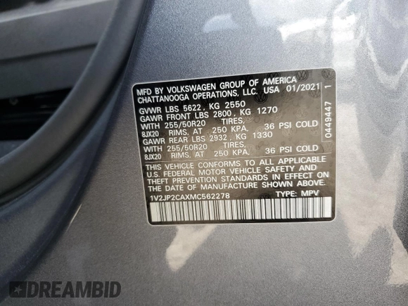 2021 Volkswagen Atlas SE with VIN 1V2JP2CAXMC562278, listed as a Copart auction lot 68907783 with 57,966 mi miles and . Bid and sale history available at DreamBid. Image 15.