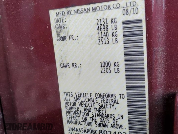2011 Nissan Maxima SV with VIN 1N4AA5AP0BC801402, listed as a Copart auction lot 51287515 with 191,468 mi miles and Salvage Title. Bid and sale history available at DreamBid. Image 12.