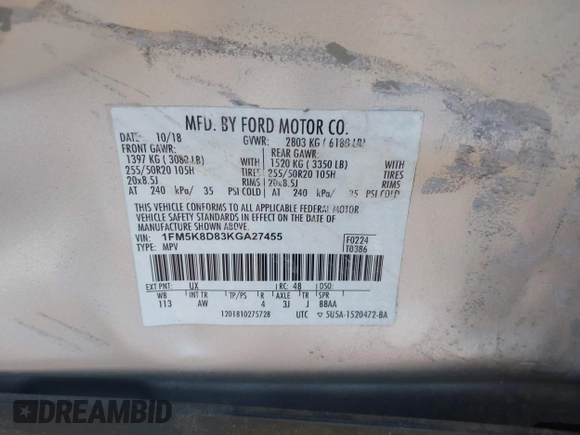 2019 Ford Explorer XLT z VIN 1FM5K8D83KGA27455, wystawiony jako IAAI lot #42468757 z przebiegiem 36 109 mil mil oraz . Historia ofert i sprzedaży dostępna na DreamBid. Obrazek 9.