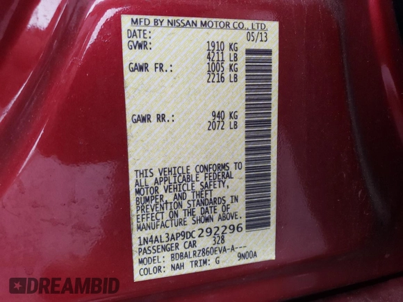 2013 Nissan Altima S with VIN 1N4AL3AP9DC292296, listed as a Copart auction lot 55966975 with 169,807 mi miles and Salvage Title. Bid and sale history available at DreamBid. Image 12.