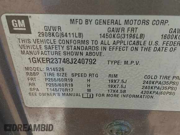 2008 GMC Acadia SLT1 with VIN 1GKER23748J240792, listed as a IAAI auction lot 42173812 with Not Provided miles. Bid and sale history available at carsss.com. Image 9.