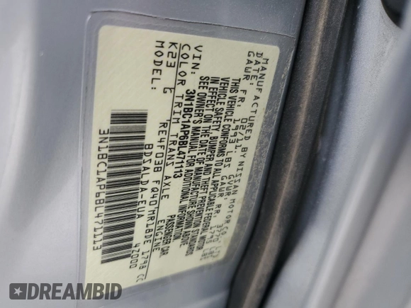 2011 Nissan Versa S with VIN 3N1BC1AP6BL471113, listed as a Copart auction lot 51660455 with 94,641 mi miles and Salvage title. Bid and sale history available at DreamBid. Image 12.