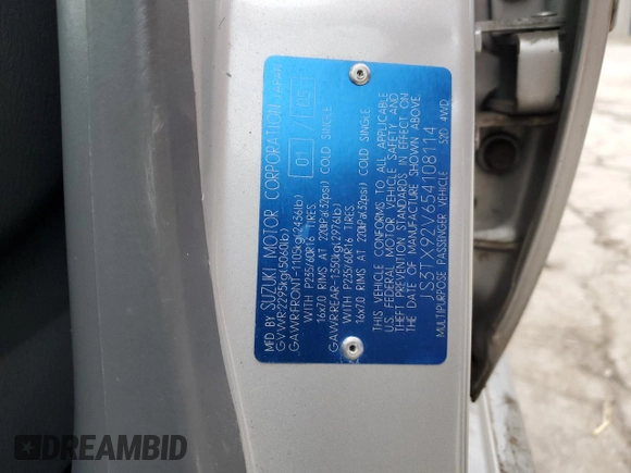 2005 Suzuki XL7 LX with VIN JS3TX92V654108114, listed as a Copart auction lot 81158564 with 130,384 mi miles and Salvage title. Bid and sale history available at DreamBid. Image 15.