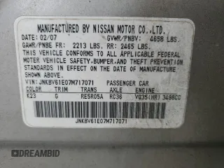 2007 Infiniti G35 Sedan Journey with VIN JNKBV61E07M717071, listed as a Copart auction lot 51169265 with 265,460 mi miles and Salvage Title. Bid and sale history available at carsss.com. Image 14.