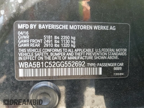 2016 BMW 5 Series 535i with VIN WBA5B1C52GG552692, listed as a Copart auction lot 64121225 with 114,708 mi miles and Salvage title. Bid and sale history available at DreamBid. Image 12.
