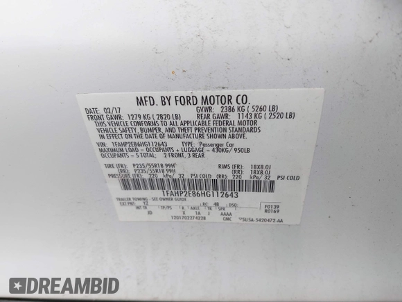 2017 Ford Taurus SEL with VIN 1FAHP2E86HG112643, listed as a IAAI auction lot 42162386 with 83,884 mi miles and . Bid and sale history available at DreamBid. Image 9.