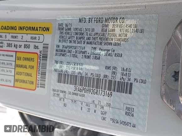 2016 Ford Fusion SE with VIN 3FA6P0H92GR173169, listed as a IAAI auction lot 42164602 with 65,808 mi miles and . Bid and sale history available at carsss.com. Image 9.
