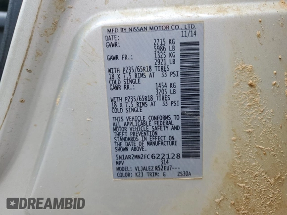2015 Nissan Pathfinder Platinum with VIN 5N1AR2MN2FC622128, listed as a Copart auction lot 58955915 with Not provided miles and Salvage title. Bid and sale history available at DreamBid. Image 13.