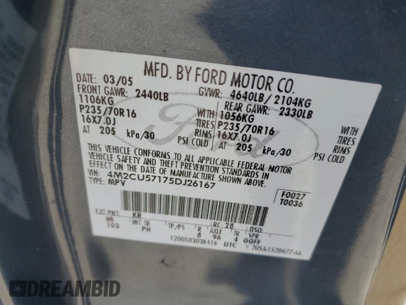 2005 Mercury Mariner Luxury с VIN 4M2CU57175DJ26167, выставлен на аукционе Copart как лот 50492065 с пробегом 89 736 миль миль и Списание • Salvage title. История ставок и продаж доступна на DreamBid. Изображение 13.