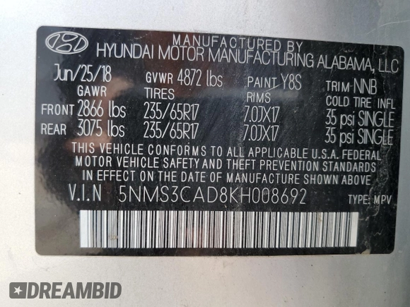 2019 Hyundai Santa Fe SEL z VIN 5NMS3CAD8KH008692, wystawiony jako Copart lot #58851245 z przebiegiem 86 015 mil mil oraz Szkoda całkowita • Salvage title. Historia ofert i sprzedaży dostępna na DreamBid. Obrazek 13.