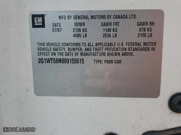2008 Chevrolet Impala LT with VIN 2G1WT58N889155615, listed as a Copart auction lot 50209945 with NaN miles and Salvage Title. Bid and sale history available at carsss.com. Image 12.