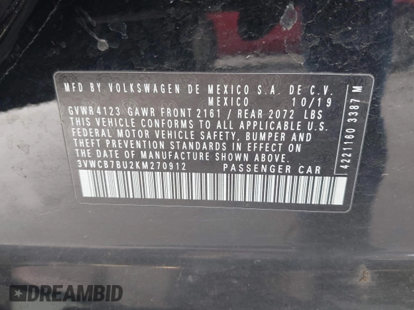 2019 Volkswagen Jetta S с VIN 3VWCB7BU2KM270912, выставлен на аукционе IAAI как лот 42265343 с пробегом 47 914 миль миль и . История ставок и продаж доступна на DreamBid. Изображение 9.
