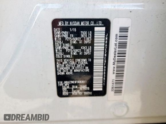 2015 Infiniti QX80 with VIN JN8AZ2NE9F9083611, listed as a Copart auction lot 53046305 with 143,167 mi miles and Salvage title. Bid and sale history available at DreamBid. Image 15.