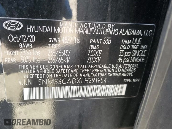 2020 Hyundai Santa Fe SEL with VIN 5NMS3CADXLH291954, listed as a Copart auction lot 49865405 with 39,773 mi miles and Salvage Title. Bid and sale history available at carsss.com. Image 13.