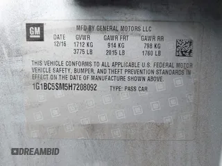 2017 Chevrolet Cruze LS with VIN 1G1BC5SM5H7208092, listed as a IAAI auction lot 42188878 with 101,624 mi miles and . Bid and sale history available at DreamBid. Image 9.