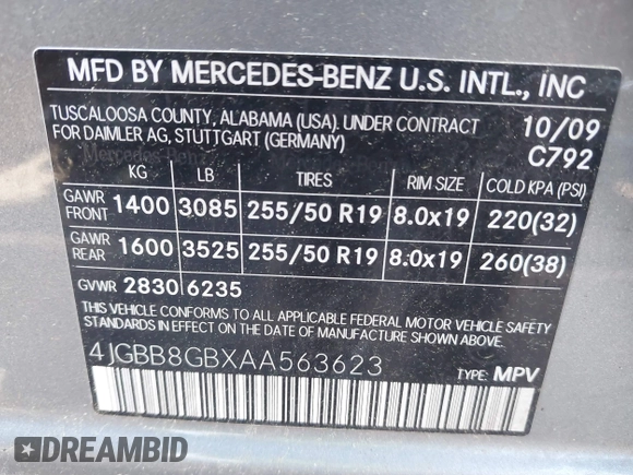 2010 Mercedes-Benz M 350 with VIN 4JGBB8GBXAA563623, listed as a IAAI auction lot 42188581 with 149,568 mi miles and . Bid and sale history available at DreamBid. Image 9.