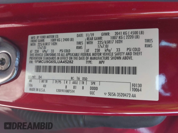 2020 Ford Escape SE с VIN 1FMCU9G65LUA45282, выставлен на аукционе IAAI как лот 42098126 с пробегом 37 729 миль миль и . История ставок и продаж доступна на DreamBid. Изображение 9.