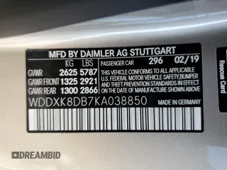 2019 Mercedes-Benz S-Class S 560 with VIN WDDXK8DB7KA038850, listed as a Copart auction lot 45124985 with 0 mi miles and Salvage Title. Bid and sale history available at carsss.com. Image 12.