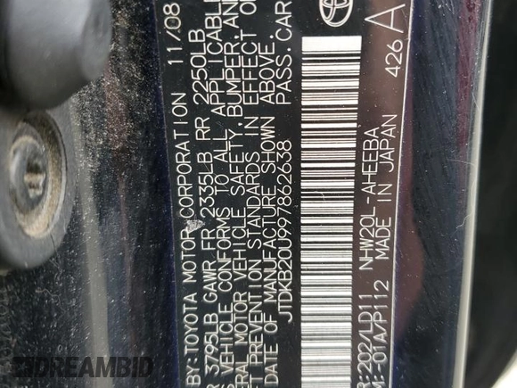 2009 Toyota Prius with VIN JTDKB20U997862638, listed as a Copart auction lot 53395135 with 206,343 mi miles and Salvage Title. Bid and sale history available at DreamBid. Image 12.