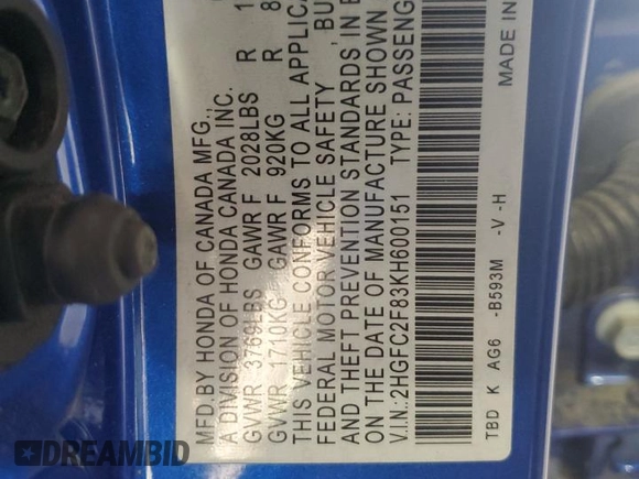 2019 Honda Civic Sport with VIN 2HGFC2F83KH600151, listed as a Copart auction lot 58012425 with 28,686 mi miles and Salvage title. Bid and sale history available at DreamBid. Image 12.