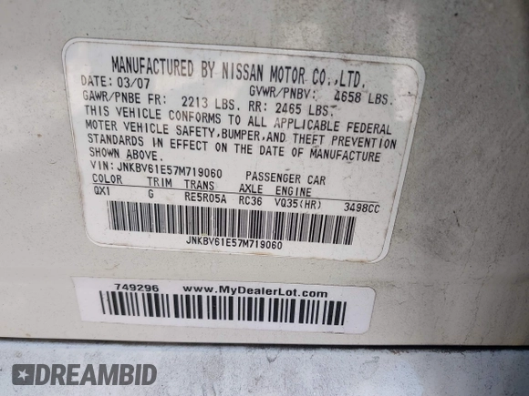 2007 Infiniti G35 Journey with VIN JNKBV61E57M719060, listed as a IAAI auction lot 41824668 with 197,663 mi miles and . Bid and sale history available at DreamBid. Image 9.