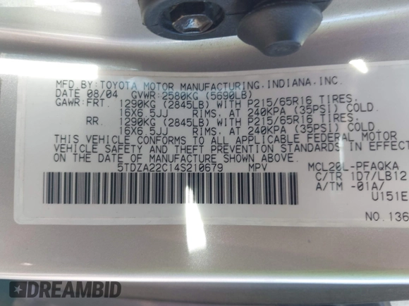 2004 Toyota Sienna XLE with VIN 5TDZA22C14S210679, listed as a IAAI auction lot 42242214 with 148,178 mi miles and . Bid and sale history available at DreamBid. Image 9.