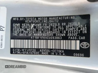 2012 Toyota Camry L with VIN 4T1BF1FK4CU093863, listed as a Copart auction lot 50611875 with 169,888 mi miles and Clean Title. Bid and sale history available at DreamBid. Image 12.