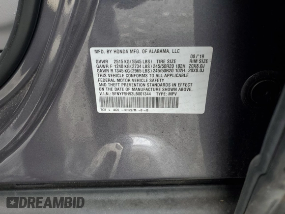 2020 Honda Pilot Touring 8-Passenger with VIN 5FNYF5H93LB001344, listed as a Copart auction lot 85504984 with 38,384 mi miles and Salvage Title. Bid and sale history available at DreamBid. Image 15.