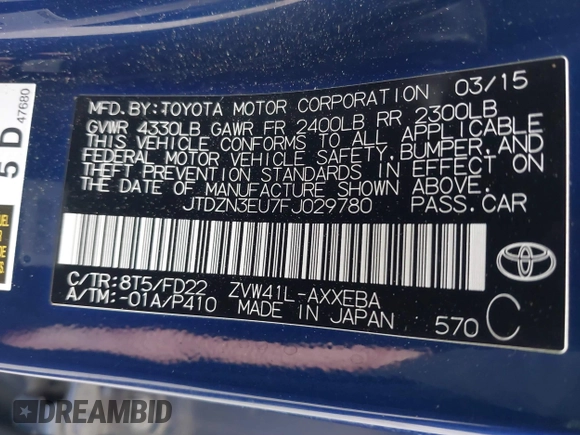 2015 Toyota Prius Two with VIN JTDZN3EU7FJ029780, listed as a IAAI auction lot 41837874 with 166,977 mi miles and . Bid and sale history available at DreamBid. Image 9.