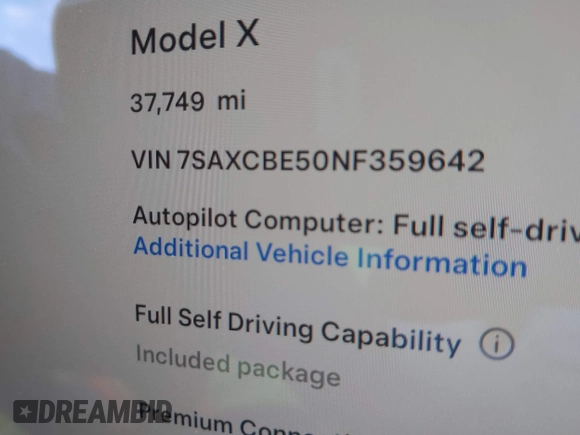 2022 Tesla Model X with VIN 7SAXCBE50NF359642, listed as a IAAI auction lot 41208766 with 37,749 mi miles. Bid and sale history available at carsss.com. Image 9.
