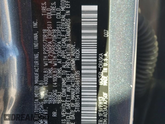 2008 Toyota Tundra с VIN 5TBBT54108S461135, выставлен на аукционе Copart как лот 88270425 с пробегом 151 955 миль миль и Чистый • Clean title. История ставок и продаж доступна на DreamBid. Изображение 12.