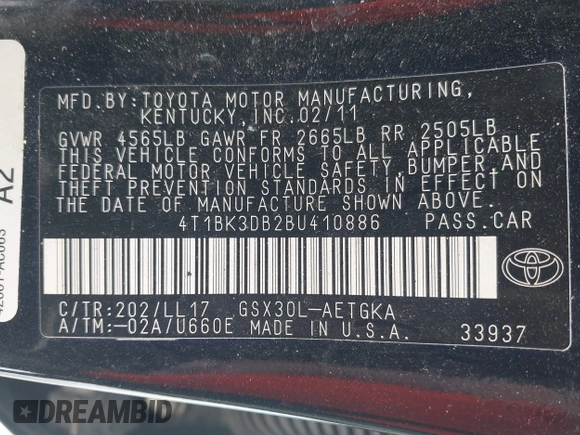 2011 Toyota Avalon with VIN 4T1BK3DB2BU410886, listed as a IAAI auction lot 41402725 with 163,580 mi miles and . Bid and sale history available at DreamBid. Image 9.