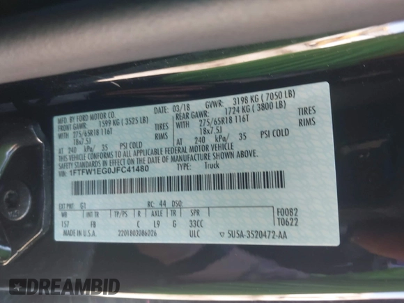 2018 Ford F-150 XL with VIN 1FTFW1EG0JFC41480, listed as a IAAI auction lot 41940861 with 84,044 mi miles. Bid and sale history available at carsss.com. Image 9.