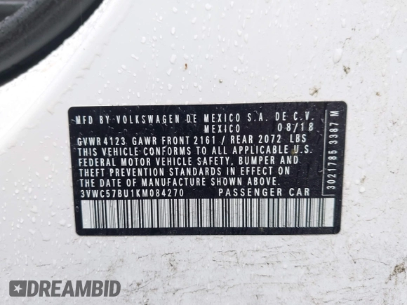 2019 Volkswagen Jetta S with VIN 3VWC57BU1KM084270, listed as a IAAI auction lot 42351806 with 72,370 mi miles and . Bid and sale history available at DreamBid. Image 9.