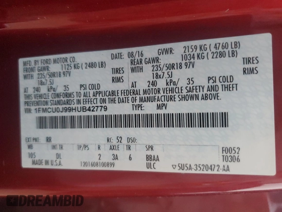 2017 Ford Escape Titanium with VIN 1FMCU0J99HUB42779, listed as a Copart auction lot 47860945 with 98,114 mi miles and Salvage Title. Bid and sale history available at carsss.com. Image 13.