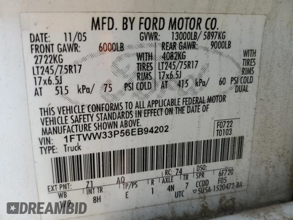 2006 Ford F-350 XL with VIN 1FTWW33P56EB94202, listed as a Copart auction lot 65182534 with 125,141 mi miles and Salvage title. Bid and sale history available at DreamBid. Image 12.