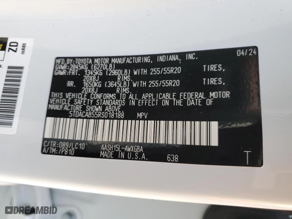 2024 Toyota Grand Highlander Hybrid XLE with VIN 5TDACAB55RS018188, listed as a Copart auction lot 84951804 with NaN miles and Salvage Title. Bid and sale history available at carsss.com. Image 13.