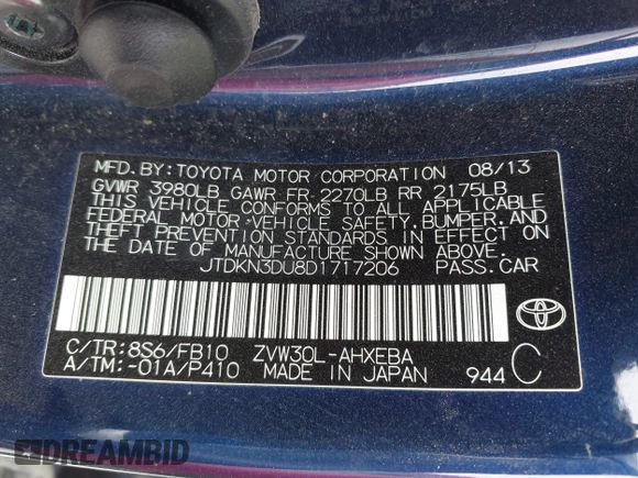 2013 Toyota Prius One with VIN JTDKN3DU8D1717206, listed as a IAAI auction lot 41723313 with 124,111 mi miles. Bid and sale history available at carsss.com. Image 9.