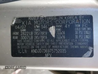 2007 Kia Sorento LX with VIN KNDJD736975752035, listed as a Copart auction lot 43319085 with 137,170 mi miles and Salvage title. Bid and sale history available at DreamBid. Image 13.