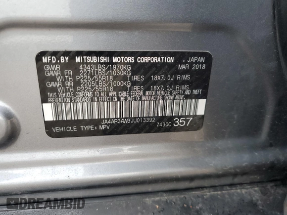 2018 Mitsubishi Outlander Sport SE 2.4 with VIN JA4AR3AW3JU013392, listed as a Copart auction lot 49493205 with 49,021 mi miles and Salvage Title. Bid and sale history available at carsss.com. Image 13.