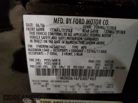 2007 Ford Freestyle Limited with VIN 1FMDK06167GA07463, listed as a Copart auction lot 75642314 with 149,590 mi miles and Salvage Title. Bid and sale history available at carsss.com. Image 13.