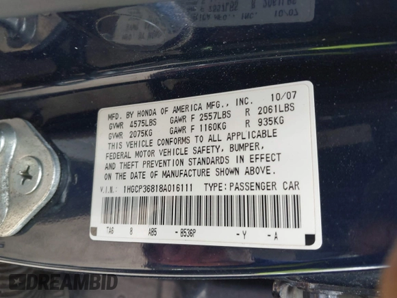 2008 Honda Accord EX-L z VIN 1HGCP36818A016111, wystawiony jako IAAI lot #41619493 z przebiegiem 176 786 mil mil oraz . Historia ofert i sprzedaży dostępna na DreamBid. Obrazek 9.