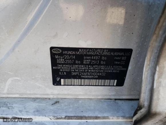 2015 Hyundai Sonata 2.4L SE with VIN 5NPE24AF6FH004432, listed as a Copart auction lot 79126434 with 0 mi miles and Non Repairable. Bid and sale history available at carsss.com. Image 13.