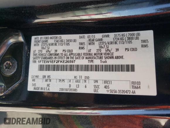 2015 Ford F-150 XLT with VIN 1FTEW1EF2FKE26597, listed as a Copart auction lot 58212385 with 123,756 mi miles and Salvage title. Bid and sale history available at DreamBid. Image 12.