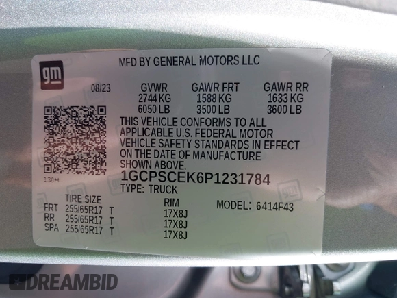 2023 Chevrolet Colorado 2WD LT with VIN 1GCPSCEK6P1231784, listed as a IAAI auction lot 42477854 with Not provided miles and . Bid and sale history available at DreamBid. Image 9.