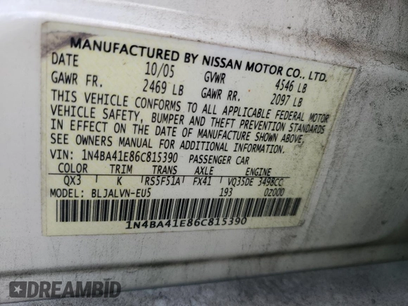 2006 Nissan Maxima 3.5 SE with VIN 1N4BA41E86C815390, listed as a Copart auction lot 72434194 with 185,032 mi miles and Salvage Title. Bid and sale history available at carsss.com. Image 14.