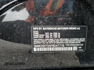 2023 BMW 3 Series 330e with VIN 3MW39FF04P8D47776, listed as a Copart auction lot 85390244 with 0 mi miles and Non Repairable. Bid and sale history available at carsss.com. Image 14.