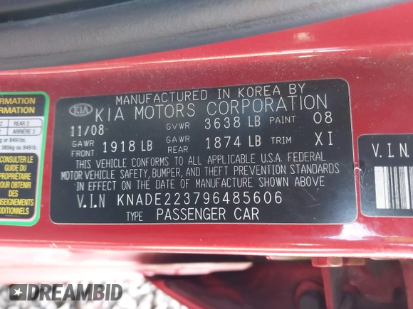 2009 Kia Rio LX with VIN KNADE223796485606, listed as a IAAI auction lot 41676881 with 58,852 mi miles and . Bid and sale history available at DreamBid. Image 9.