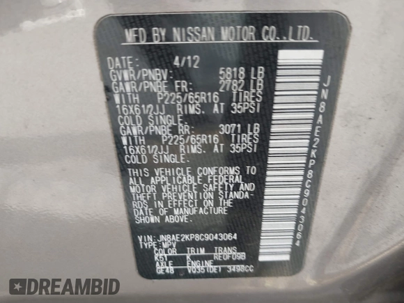 2012 Nissan Quest SL with VIN JN8AE2KP8C9043064, listed as a IAAI auction lot 41609087 with 153,635 mi miles and . Bid and sale history available at DreamBid. Image 9.